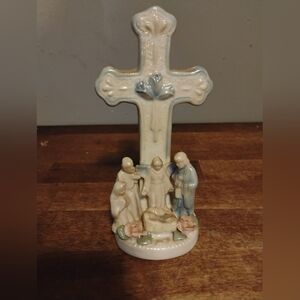 Ceramic Cross with Nativity Scene - Cream and Blue